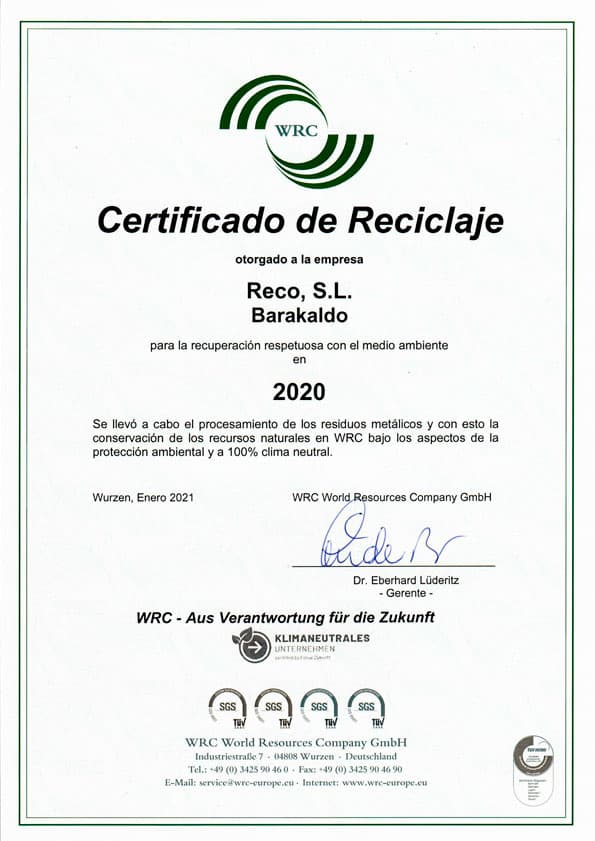 Certificado de Reciclaje 2020 para Reco Recubrimientos electrolíticos