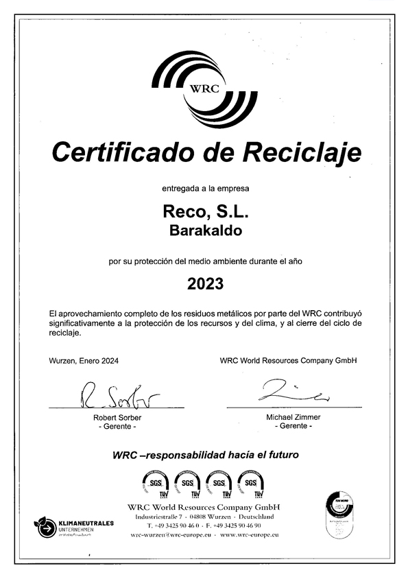 Certificado de Reciclaje 2020 para Reco Recubrimientos electrolíticos