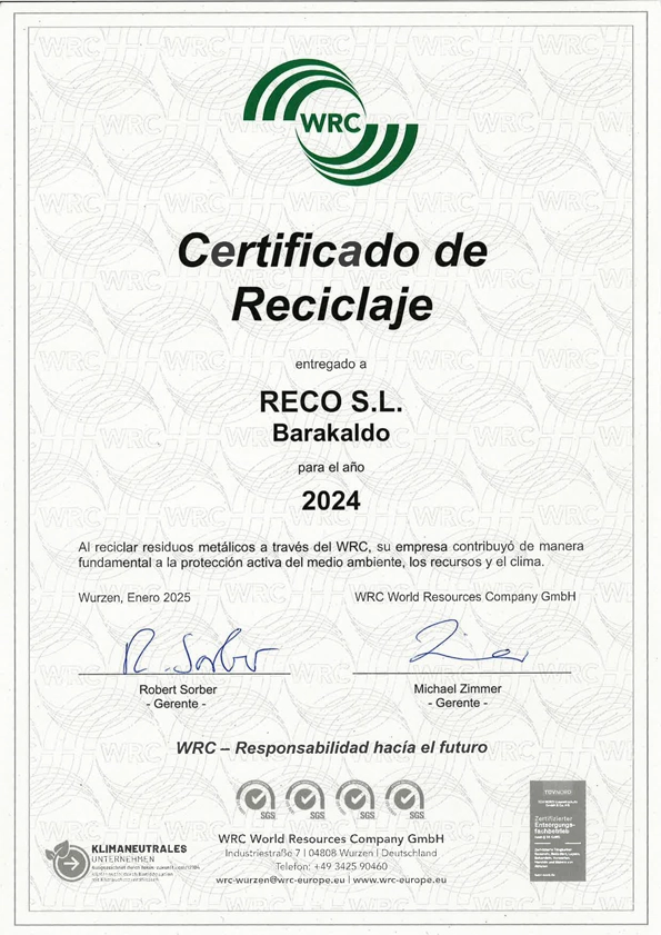 Certificado de Reciclaje 2020 para Reco Recubrimientos electrolíticos